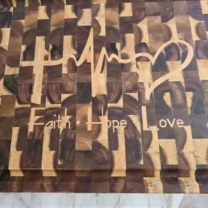Acacia End Grain Cutting Board — Frontier XXL Relief “Faith • Hope • Love”, photo 5