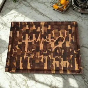Acacia End Grain Cutting Board — Frontier XXL Relief “Faith • Hope • Love”, photo 4