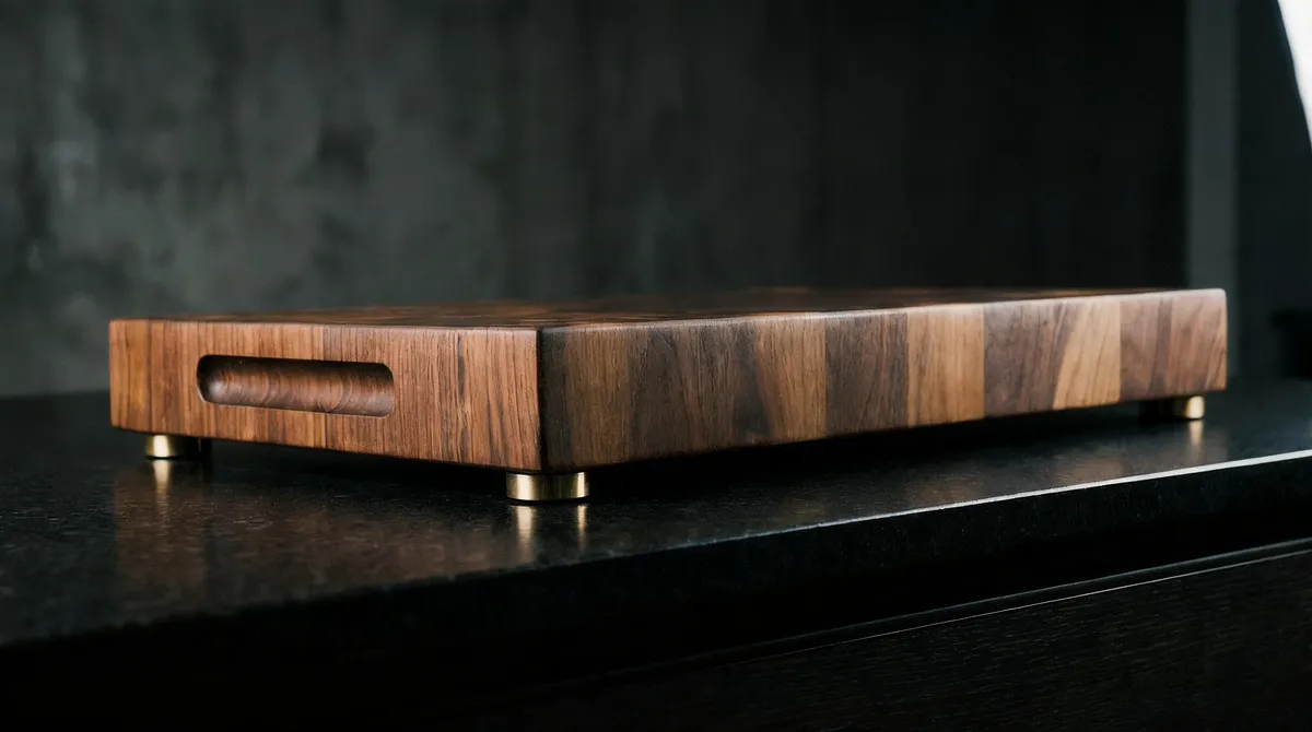 Walnut end-grain butcher block with a routed handle and brass feet, made in Virden, Manitoba