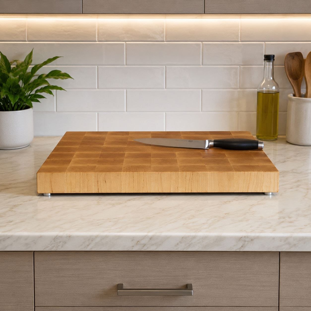 Side profile of a thick end grain butcher block standing on its own feet