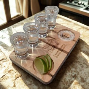 Wooden tequila shot serving tray holding four filled shot glasses and fresh lime wedges