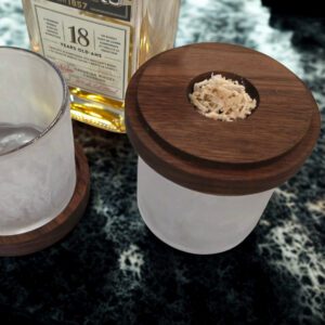 Walnut whiskey smoker kit with coaster and rocks glass, handcrafted in Canada
