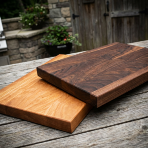 Walnut and cherry edge grain cutting board shown outdoors on rustic wood table