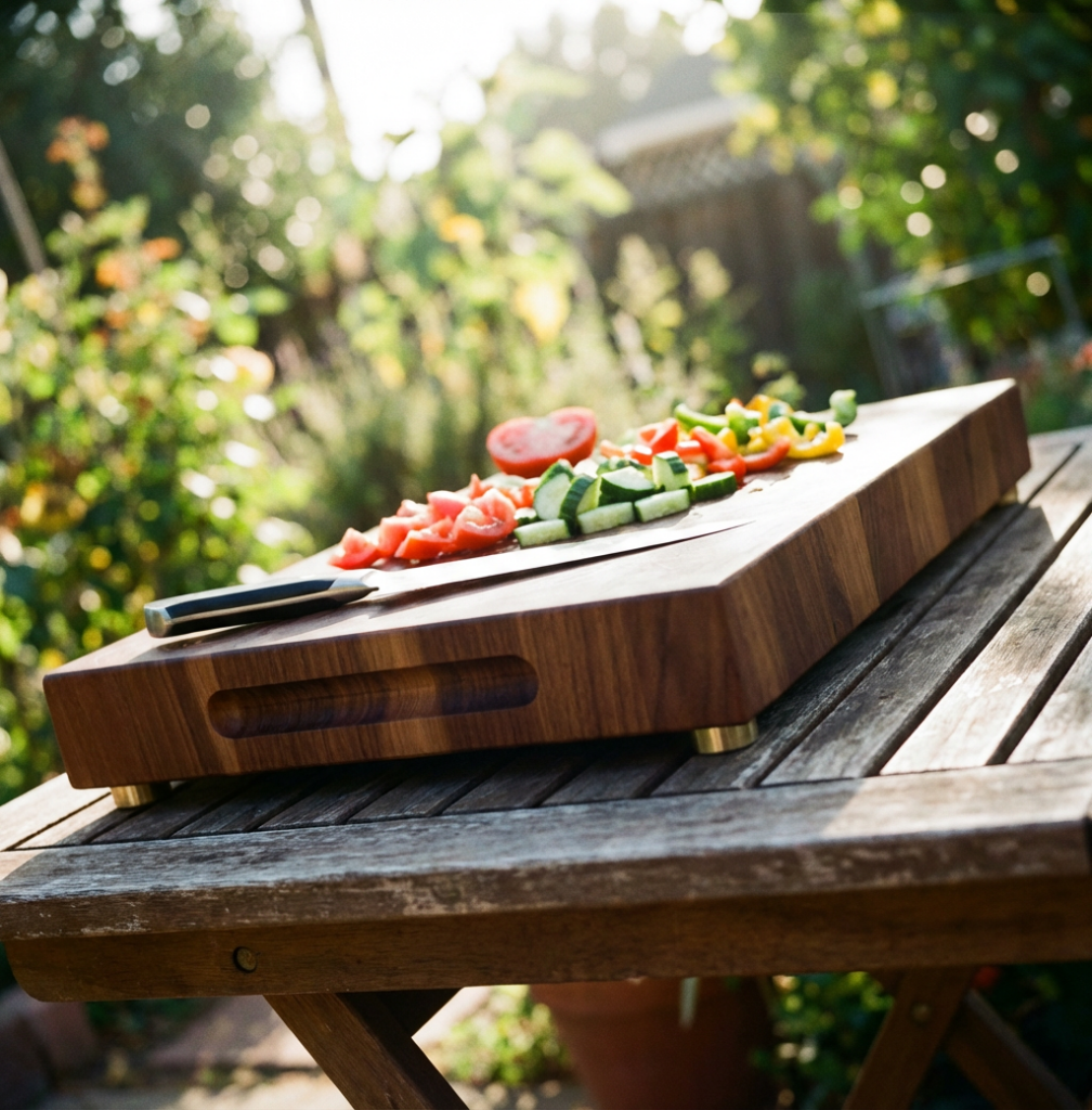 Luxury walnut serving board with side handles, brass feet, and chopped vegetables outdoors