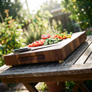 Luxury walnut serving board with side handles, brass feet, and chopped vegetables outdoors