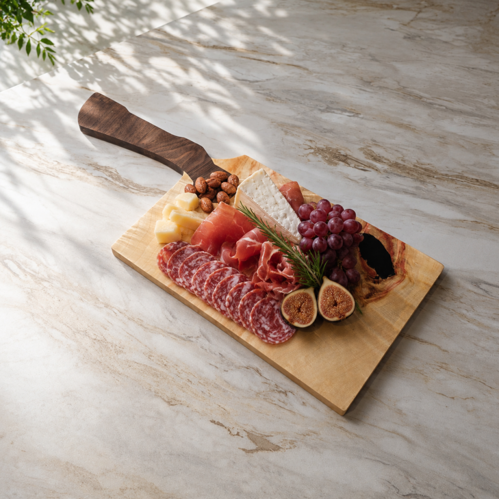 Manitoba Maple charcuterie board set with a charcuterie spread: salami, prosciutto, brie, grapes, almonds, and figs. Walnut cleaver-style handle. Handcrafted by Northern Prairie Woodworks.