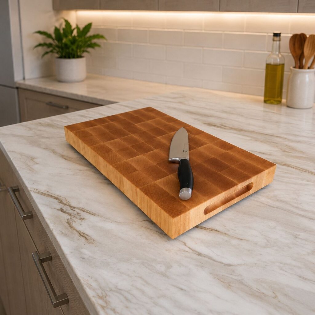 Maple end grain butcher block with chef's knife resting on top, sitting on a marble kitchen counter. Side handle cutouts and end grain checkerboard pattern visible. Handcrafted by Northern Prairie Woodworks.