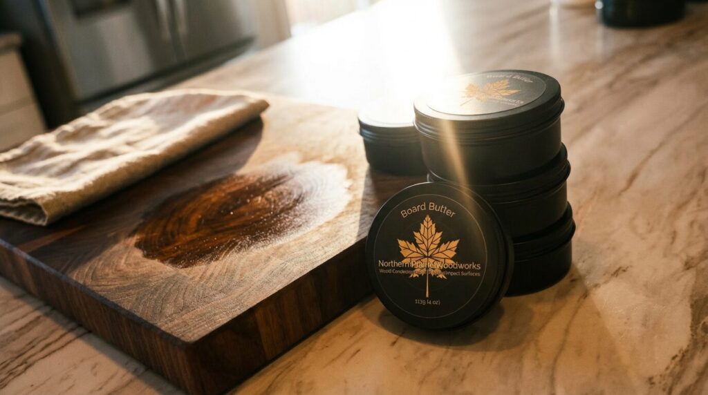 Board Butter cutting board conditioner beside a walnut butcher block on a kitchen counter