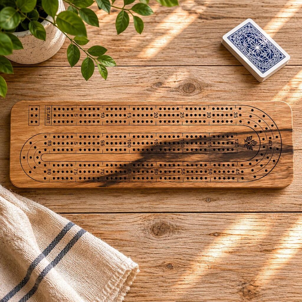 Black Limba cribbage board with snowflake design and dark grain pattern