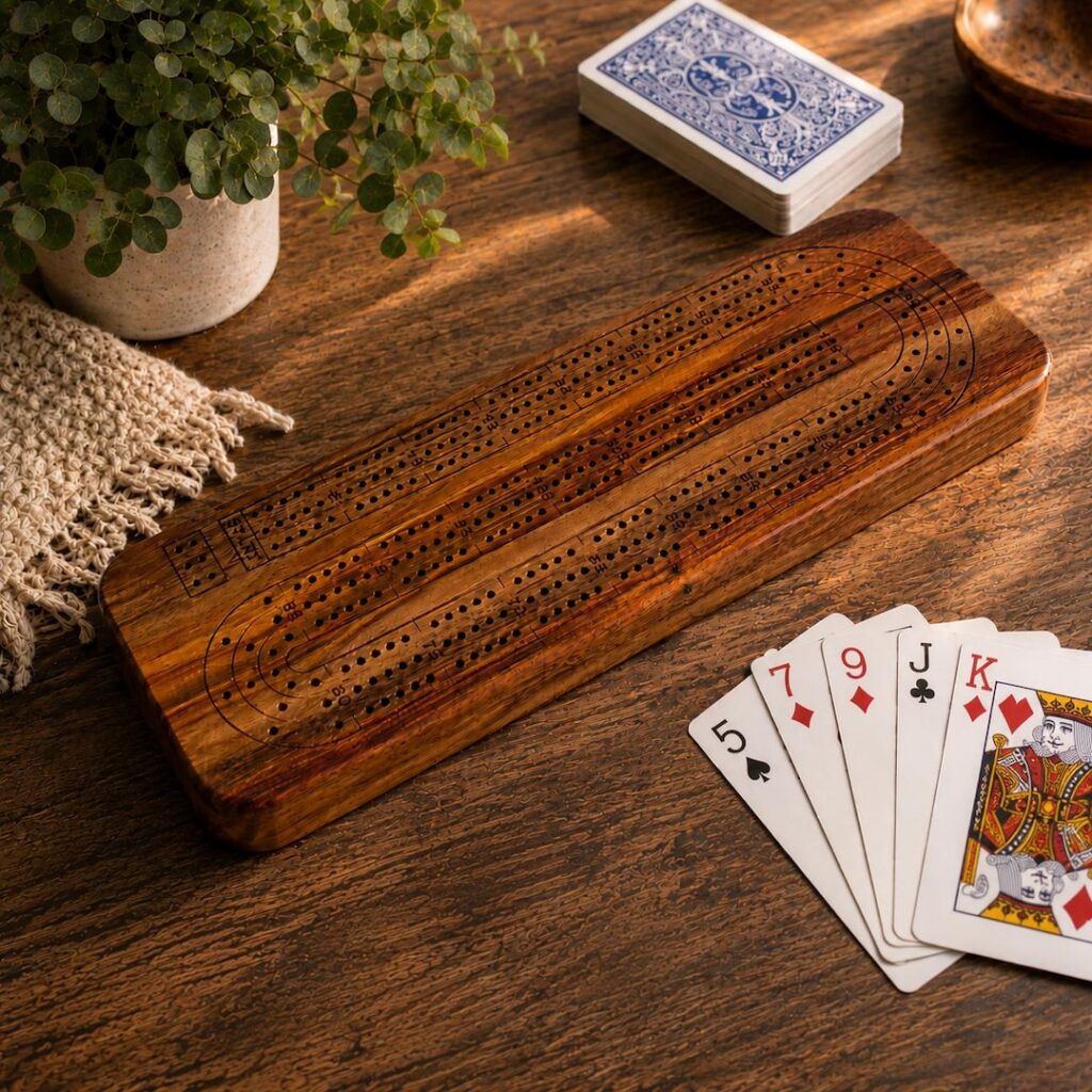 Canarywood cribbage board with deck of cards fanned out, warm brown tones